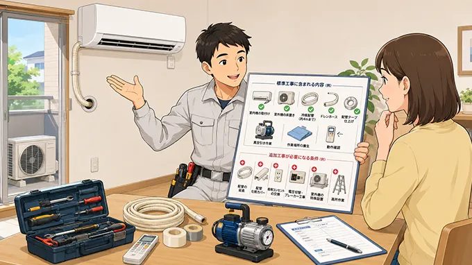 エアコンの標準工事とは？作業内容と追加料金がかかる条件